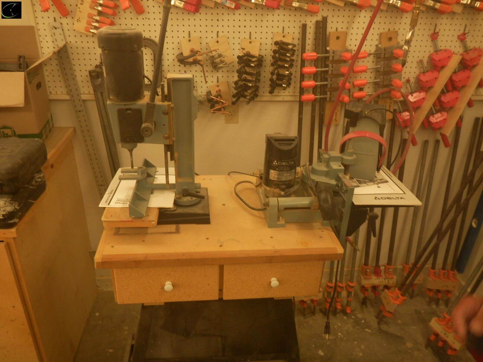 Delta hollow chisel mortiser and Delta plate jointer on rolling stand-image